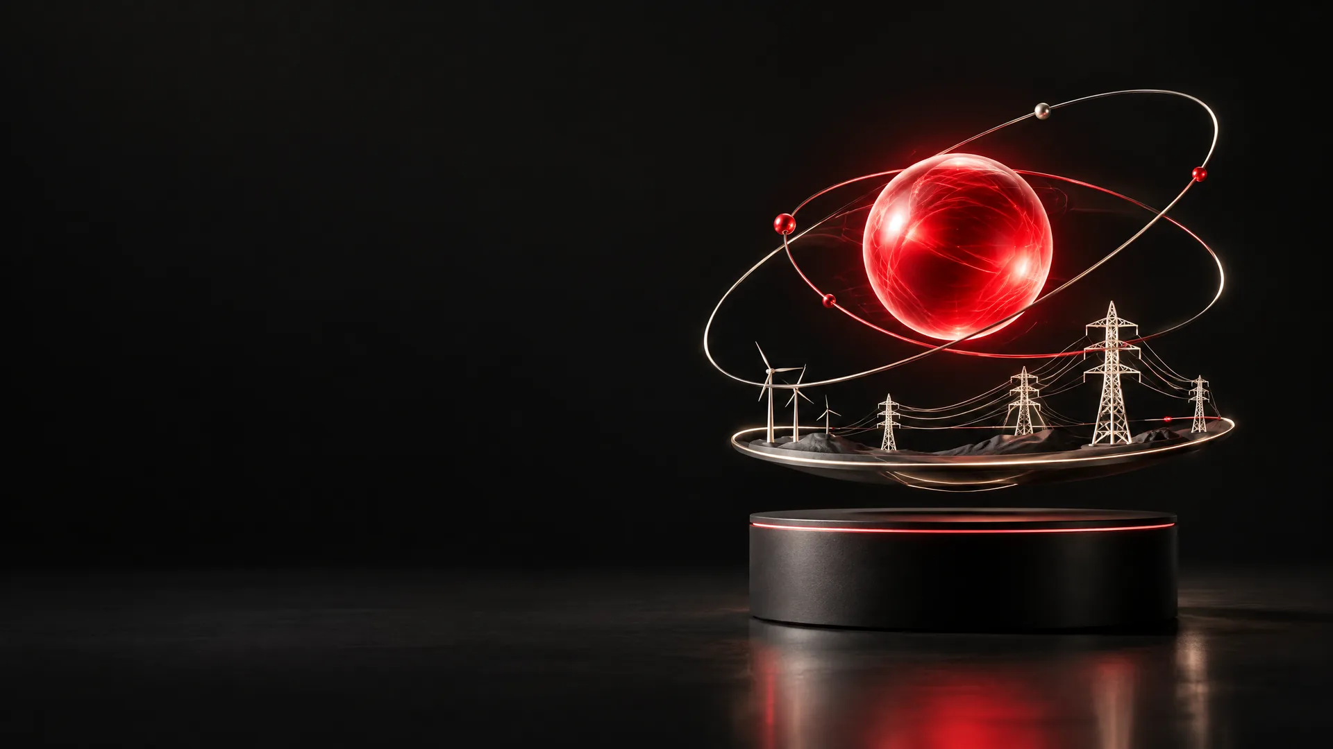 Red energy orb above an electric grid sculpture