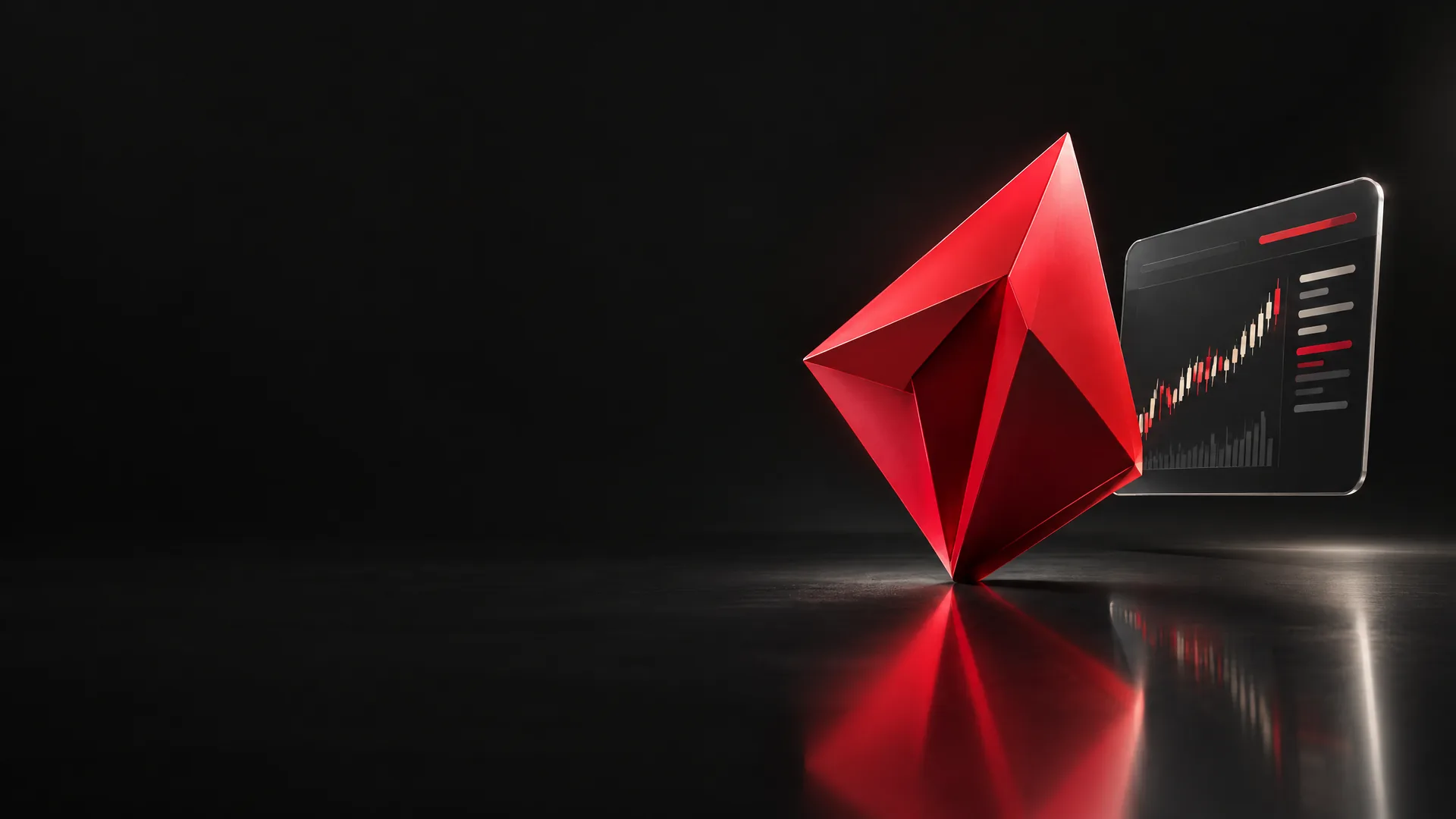 Red geometric investment token beside a market card