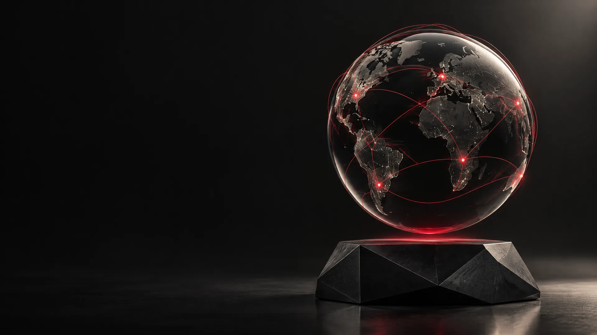 Dark glass market globe with red connection arcs